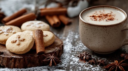 Fototapeta premium Cozy german christmas market treats flat lay with cinnamon and cookies for holiday celebration