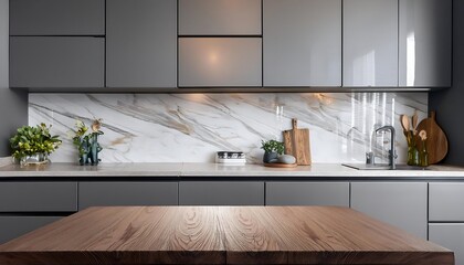 Fototapeta premium Modern kitchen interior with wood cabinets, stainless steel appliances, and a sleek island countertop