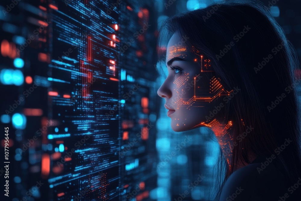 Poster a woman looks at a digital display with code and data, futuristic and abstract.