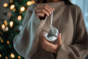 Closeup hand of woman hold Christmas balls present decorate Christmas tree at home, Merry Christmas and Happy New Year.