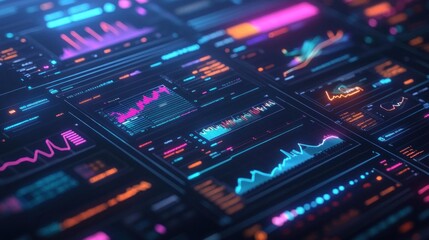 Obraz premium A close-up of a screen displaying various data visualizations, including line graphs, bar graphs, and other charts. The data is presented in a colorful and dynamic way,