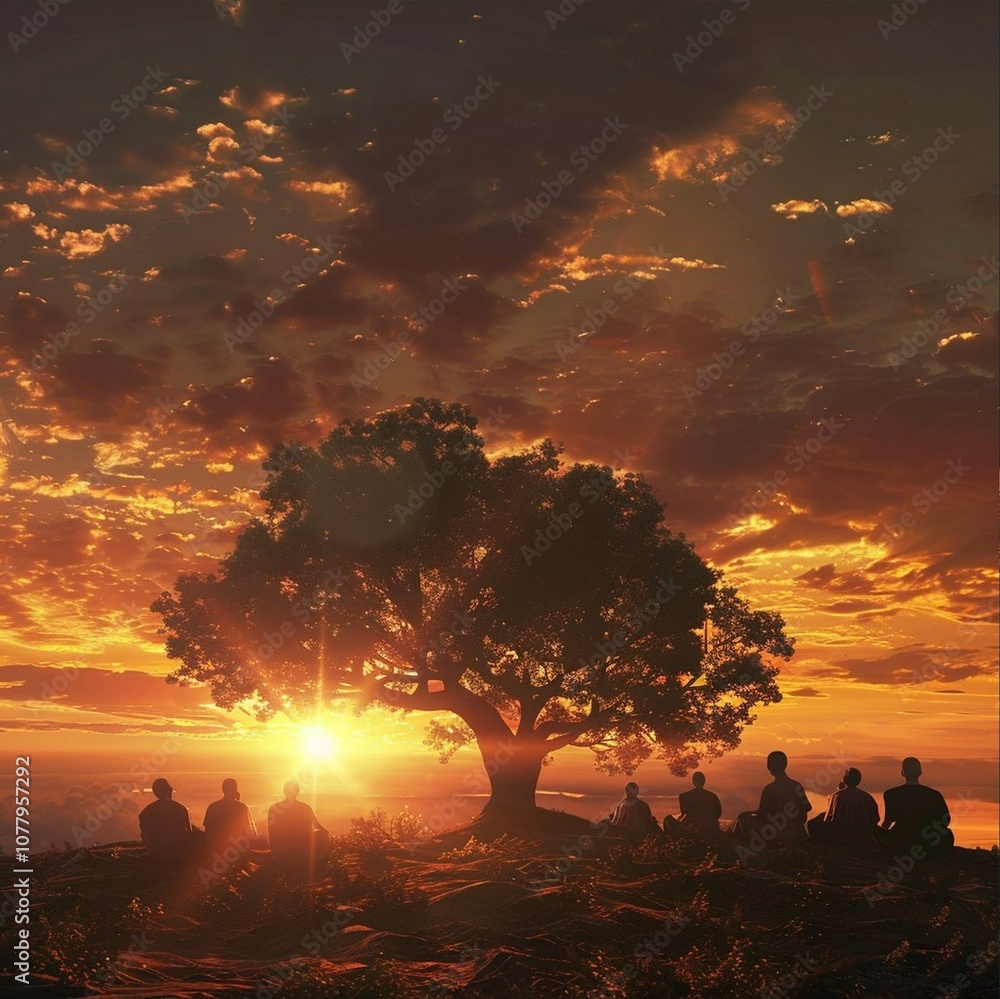 Aufkleber group of people are sitting under a tree in a field