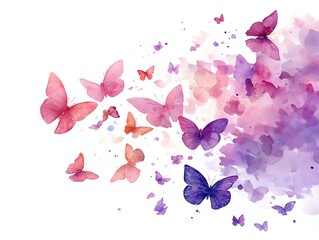 Watercolor illustration of a flock of colorful butterflies flying in a pink and purple cloud on a white background.
