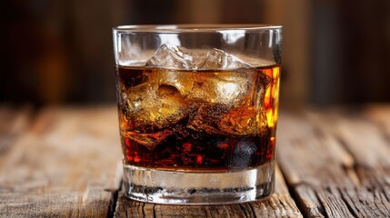 Dark bitter amaro on ice in rustic italian setting for refreshing spring drink concept