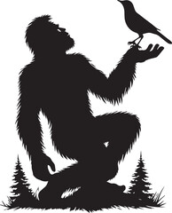 Fototapeta premium Bigfoot silhouette looking up at a bird perched on its hand