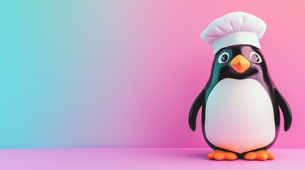 Fototapeta premium Playful penguin mascot in chef's hat for seafood restaurant promotion with vibrant design.