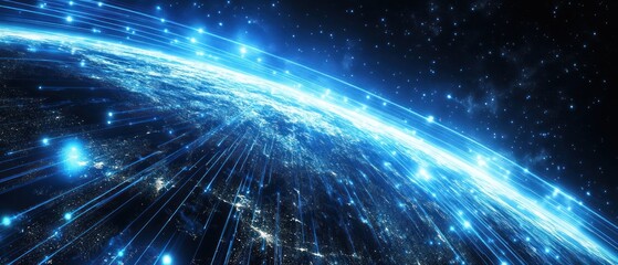 Fototapeta premium A digital representation of Earth with glowing lines and stars, symbolizing connectivity and space.