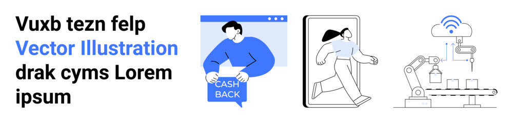 Human with a cashback sign, person stepping through a mobile screen, and robotic arm. Ideal for cashback promotions, mobile apps, technology blogs, robotics, automation, e-commerce, and innovation