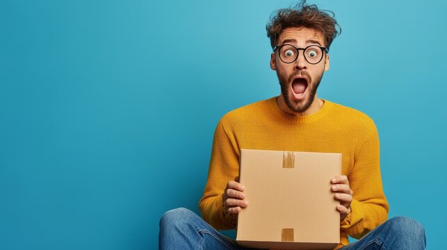 Surprised man sitting with an open box