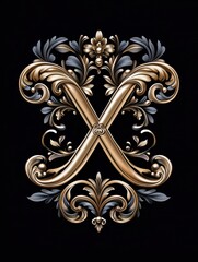 Gold letter X. Elegant Graceful logo. Calligraphic beautiful style. Ornate monogram. Vintage emblem for book design, brand name, business card, Restaurant, Boutique, Hotel. Generated by AI