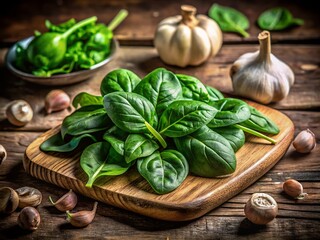 Fresh Spinach, Garlic, and Mushrooms on a Wooden Cutting Board for Healthy Cooking Inspiration and Culinary Creativity in a Cozy Kitchen Setting