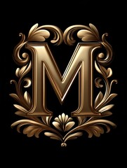 Gold letter M. Elegant Graceful logo. Calligraphic beautiful style. Ornate monogram. Vintage emblem for book design, brand name, business card, Restaurant, Boutique, Hotel. Generated by AI