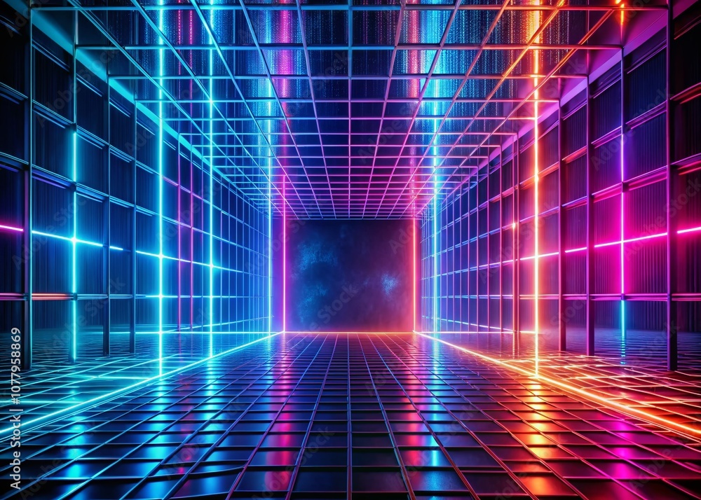 Poster futuristic abstract grid with neon lights creating stunning visual depth in a silhouette photography