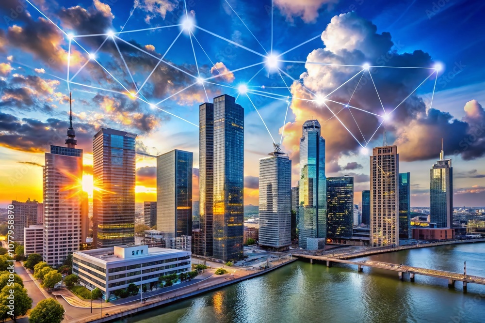 Poster futuristic architectural photography depicting cloud computing concepts with digital networks, moder