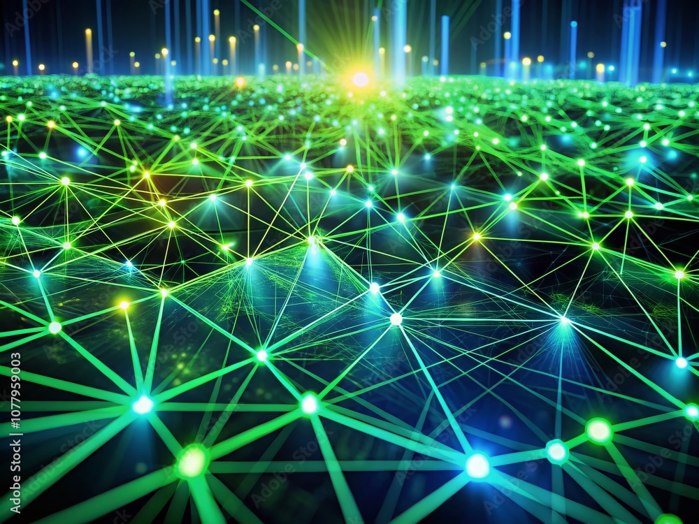 Poster futuristic data connections illuminated by neon green lights on a dark high-tech background, showcas