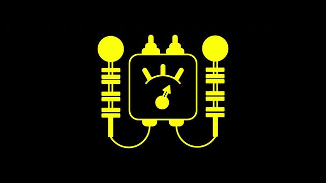 Yellow Ampere meter, multimeter, voltmeter icon isolated on black background. Motion graphic animation in 4k.