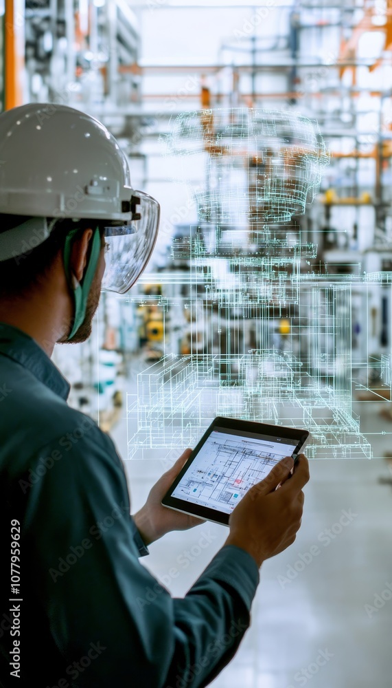 Aufkleber engineer in helmet using tablet with digital twin hologram and construction designs in background