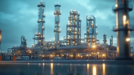 An aerial view of a large industrial complex at night, with glowing lights illuminating the various structures and machinery.