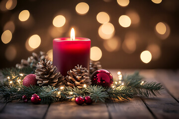 Festive Christmas ornaments and glowing candles set against a bokeh backdrop.