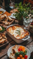 Fototapeta premium Greek moussaka is elegantly served on a wooden table with fresh bread and salad