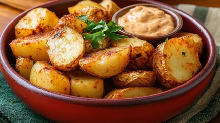 Delicious spanish patatas bravas with spicy sauce garnished with fresh herbs