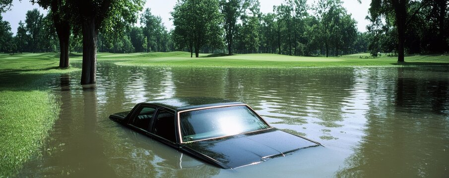 Submerged Car on Golf Course, Flood Damage, Nature's Fury, Flood, Golf Course