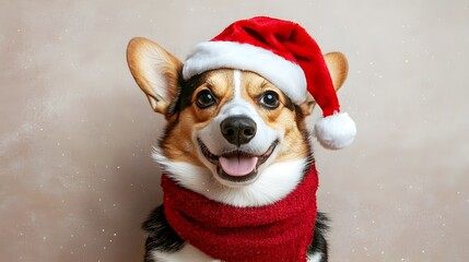 Cute Corgi dog in Santa hat, cheerful holiday spirit. Isolated background.