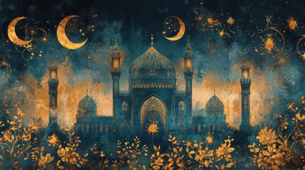 An Abstract Artistic Depiction of a Mosque with Golden Accents and a Night Sky