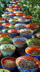 Fototapeta premium Enjoy rooibos tea served in vibrant cups alongside local herbs and spices, showcasing rich flavors