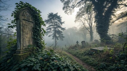 Haunting Atmosphere at the HP Lovecraft Burial Site: A Documentary Photography Exploration of the Legendary Author's Final Resting Place Surrounded by Nature's Decay and Mystery