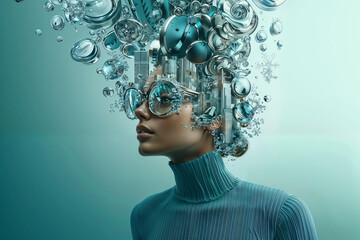 Surreal Portrait of Woman with Futuristic Elements in Headpiece and Urban Scene