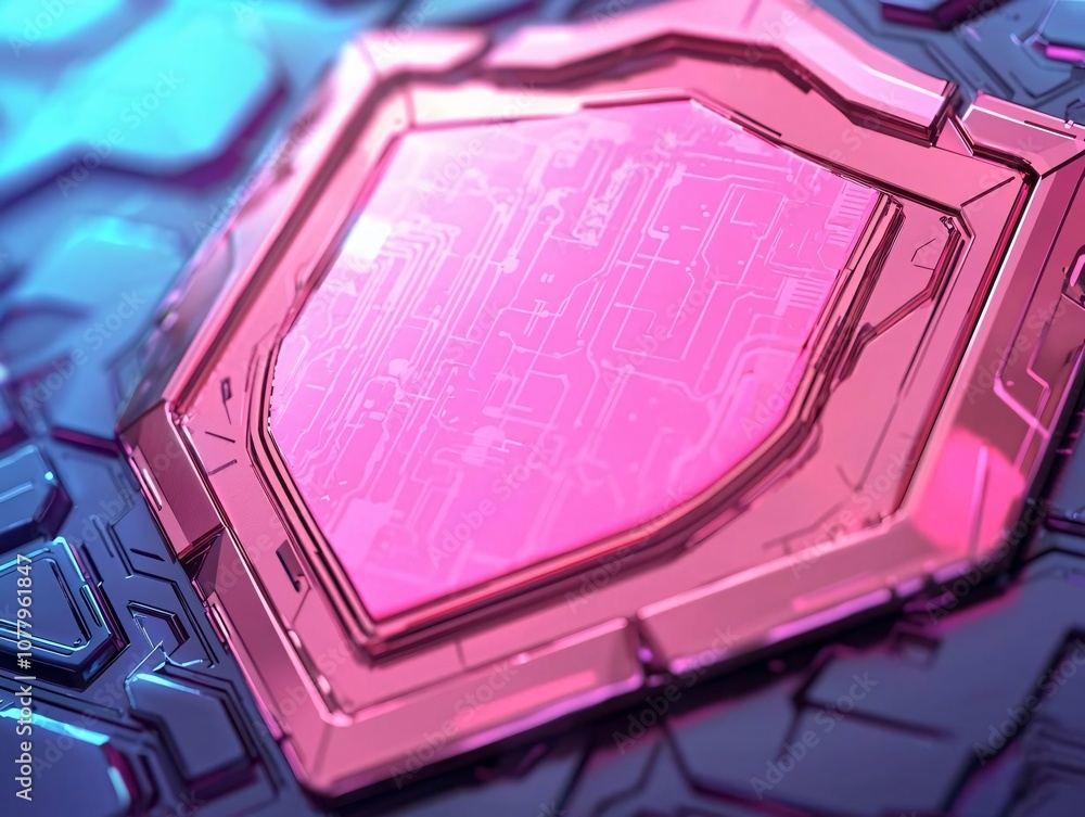 Poster futuristic abstract circuit pattern featuring vibrant pink and blue color scheme with hexagonal shap