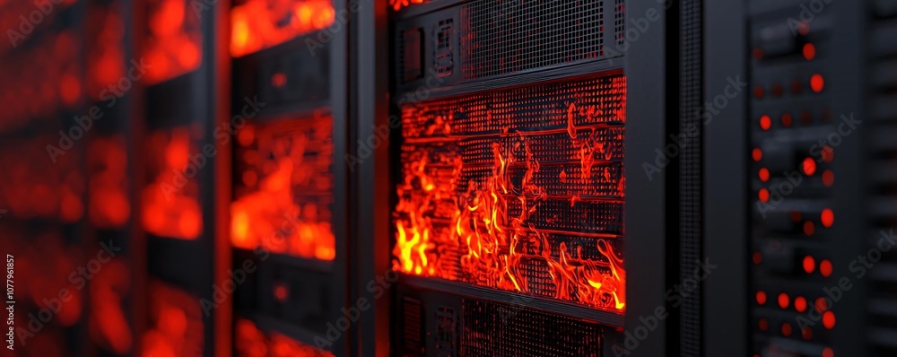 Poster futuristic data center with glowing red lights illuminating server rows and high-tech equipment.