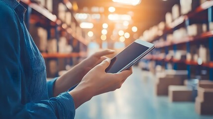 Person using tablet in warehouse setting.