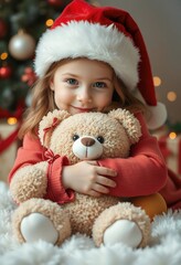 Cute Little Girl in Santa Hat Holding Teddy Bear Christmas Cheer Holiday Joy