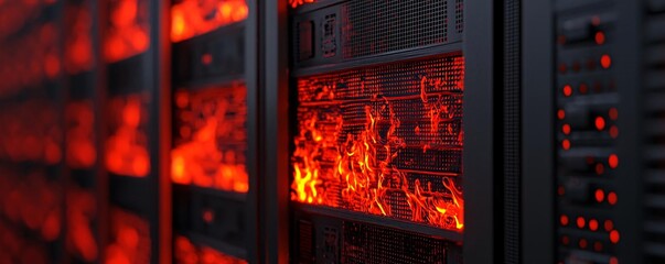 Futuristic data center with glowing red lights illuminating server rows and high-tech equipment.
