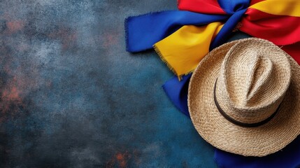 Ecuadorian independence day celebration concept with traditional hat and colorful fabric
