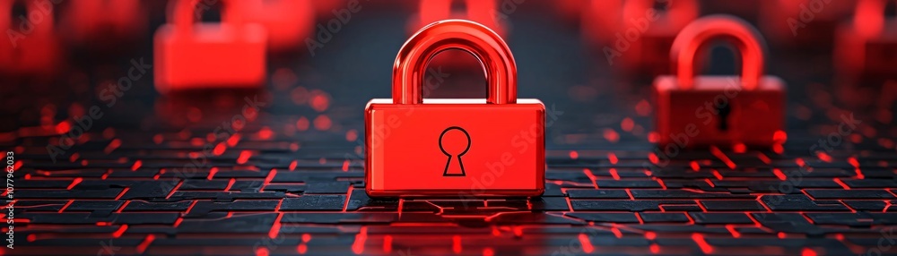 Poster red padlocks on a digital background symbolize data security and encryption in the modern world.