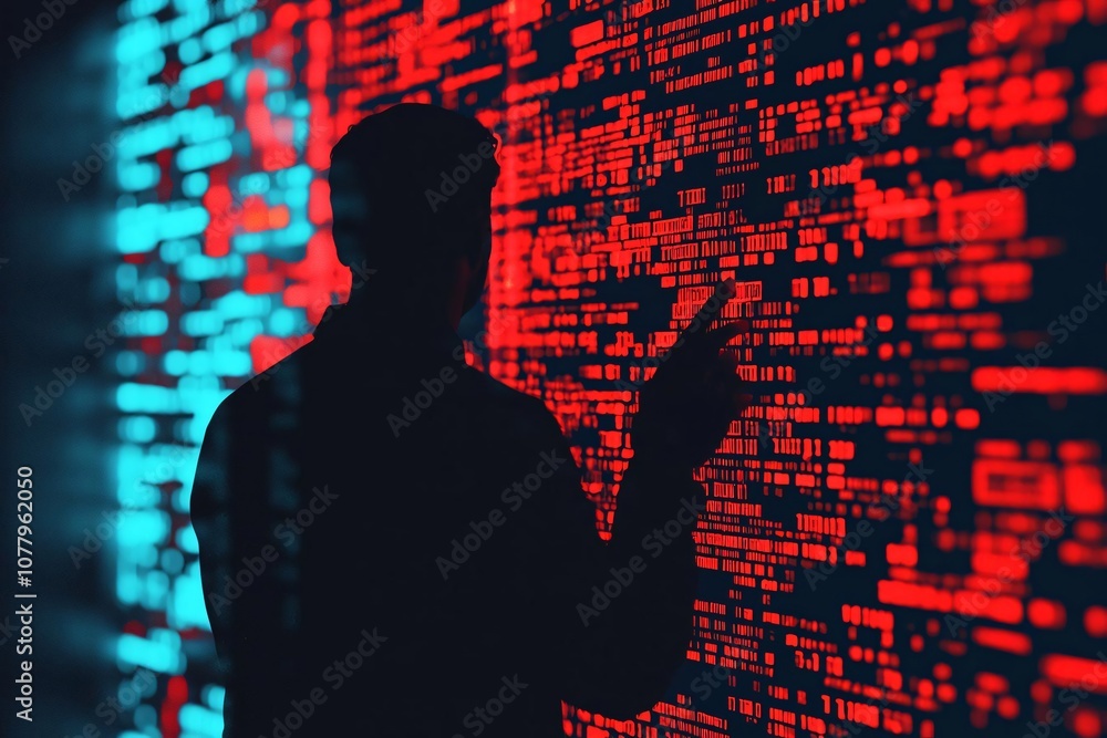 Poster silhouette of a person interacting with vibrant digital code displayed on a wall, representing techn