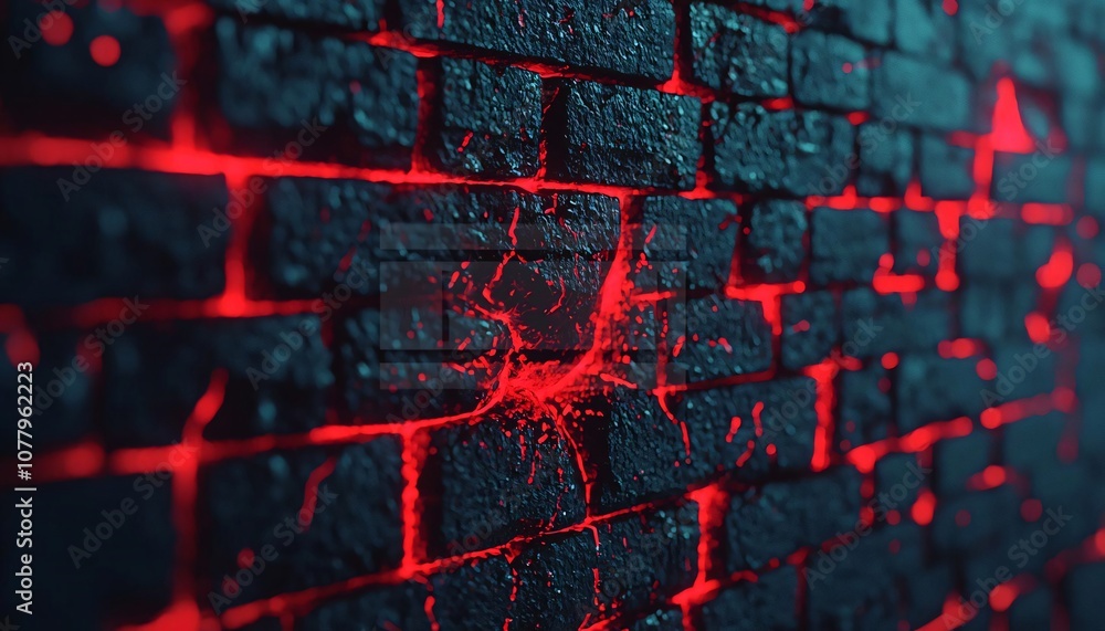 Poster a close-up view of a dark brick wall with glowing red cracks, creating an intriguing and dramatic at
