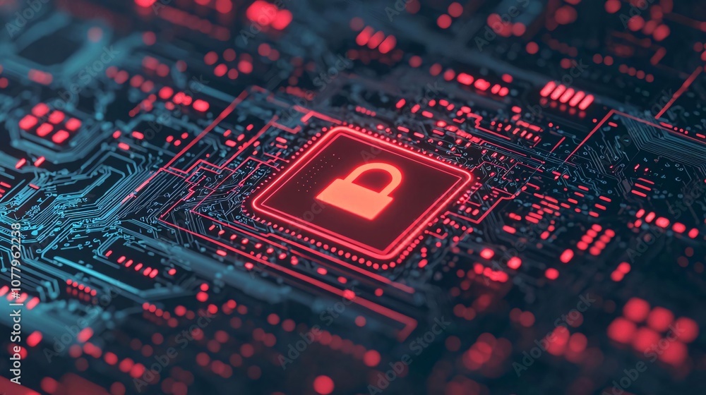 Poster a close-up view of a digital padlock symbolizing cybersecurity on a circuit board, highlighting data