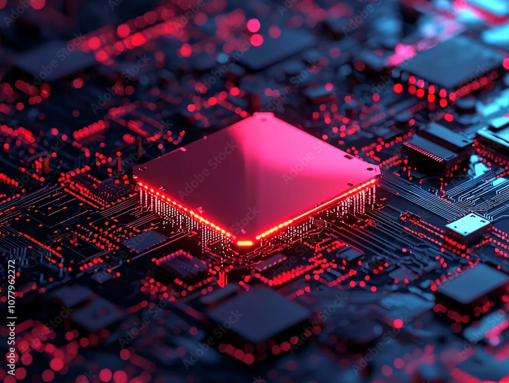 Poster a close-up view of a glowing microchip on a circuit board, showcasing intricate details and vibrant 