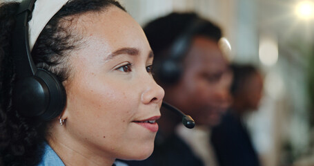 Consultant, call center and mic with woman in office for customer service, order processing or contact us. Ecommerce help desk, communication and sales with people in crm agency for billing inquiry