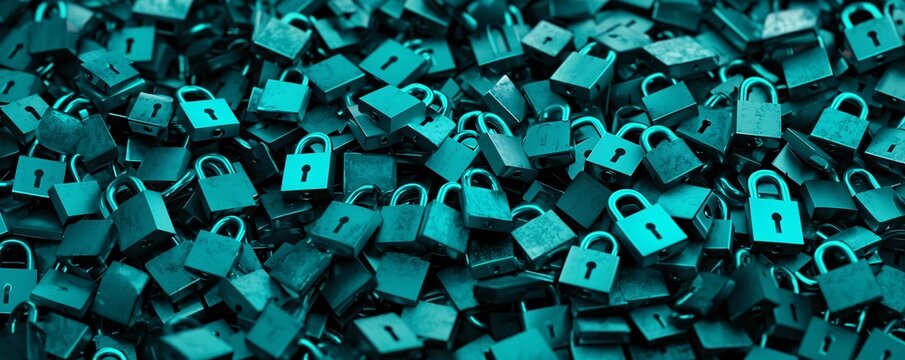 A collection of teal padlocks symbolizing security and protection in digital environments.