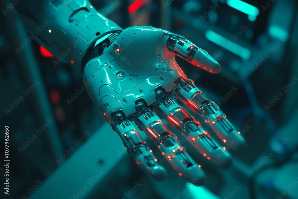 Poster futuristic sci fi concept featuring an ai cyber supercomputer and a humanoid cyborg with bionic hand
