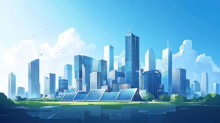 A modern city skyline with solar panels in the foreground.