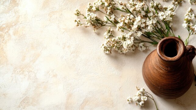 Elegant flat lay of ceramic vase with white flowers for sri lankan poson poya celebration