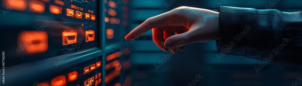 Poster a hand interacting with a futuristic control panel, showcasing illuminated buttons and advanced tech
