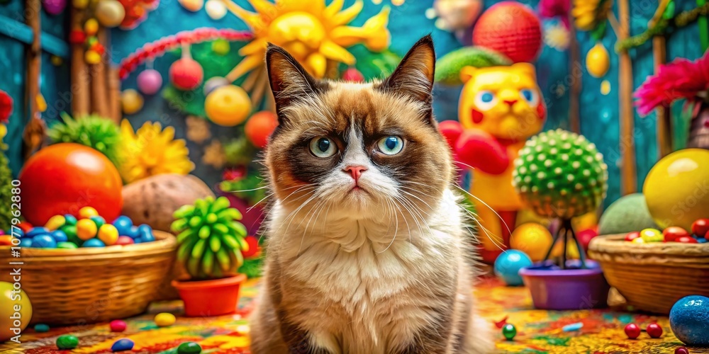 Poster hilarious grumpy cat cartoon in a colorful setting with playful expressions, capturing the essence o