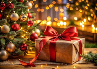 Holiday Gift Wrapped in Brown Paper with a Red Ribbon Under a Festive Tree, Evoking Warmth and Joy of the Season Perfect for Christmas Celebrations and Gift Giving Moments